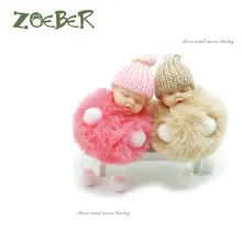 ZOEBER fur ball Doll Keychain Sleeping Baby foot and hand doll Pompom Rabbit Fur Key Chain Car Keyring Key Holder Charm jewelry