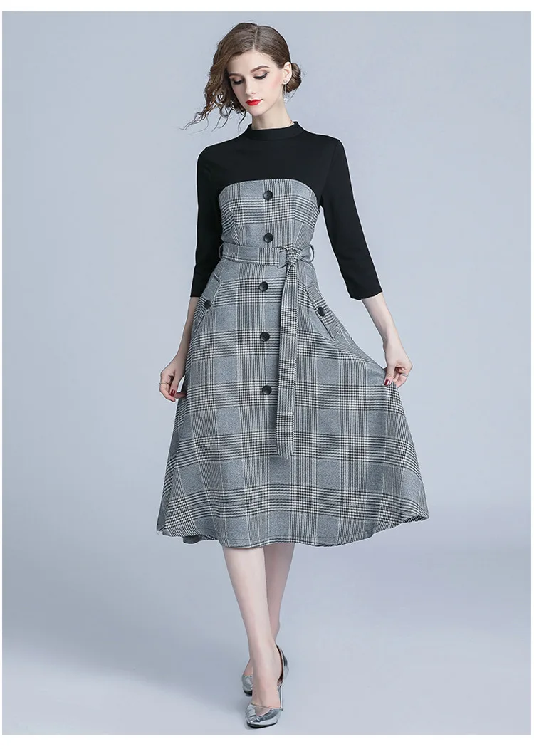 Осень-зима, корейское женское тонкое клетчатое вязанное платье с поясом, английское клетчатое платье средней и длинной длины, ТРАПЕЦИЕВИДНОЕ ПЛАТЬЕ