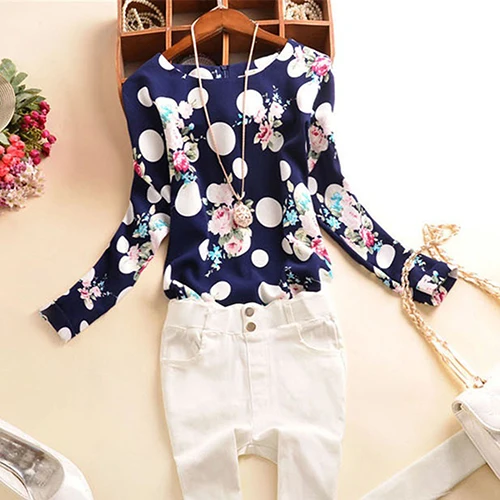 

Lady's Polka Dots Floral Printed T-Shirt O-neck Long Sleeve Casual Tops