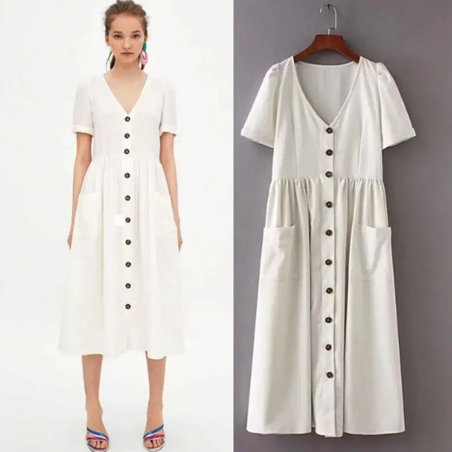 

summer single breasted linen dress women v neck casual knee-length dress vintage pockets ladies retro dress
