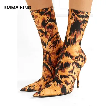 

2019 New Fashion Leopard Prints Women Ankle Boot Sexy Pointed Toe Ladies Stiletto High Heel Shoes Woman Winter Stretch Sock Boot
