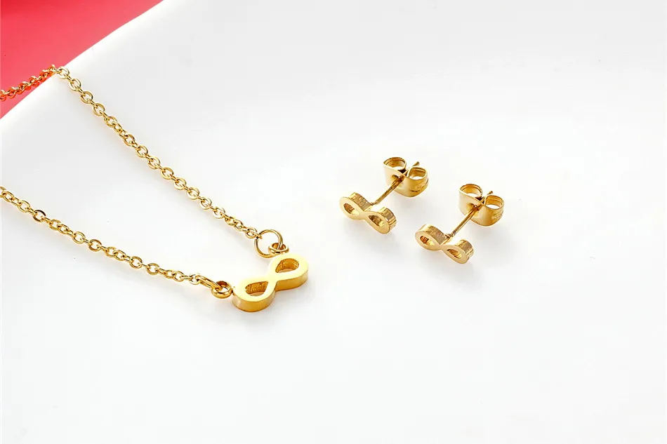 FGifter позолоченные украшения набор ожерелье бесконечность серьги наборы Золото Цвет Нержавеющая сталь драгоценности для женщин простой 8 дизайн