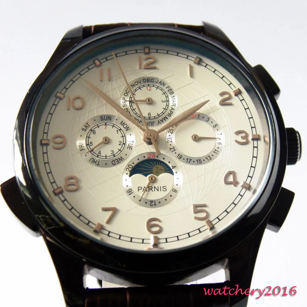 

44mm parnis White Dial pvd coated Black Leather strap Date Window Moon Phase Automatic Movement Men's Watches