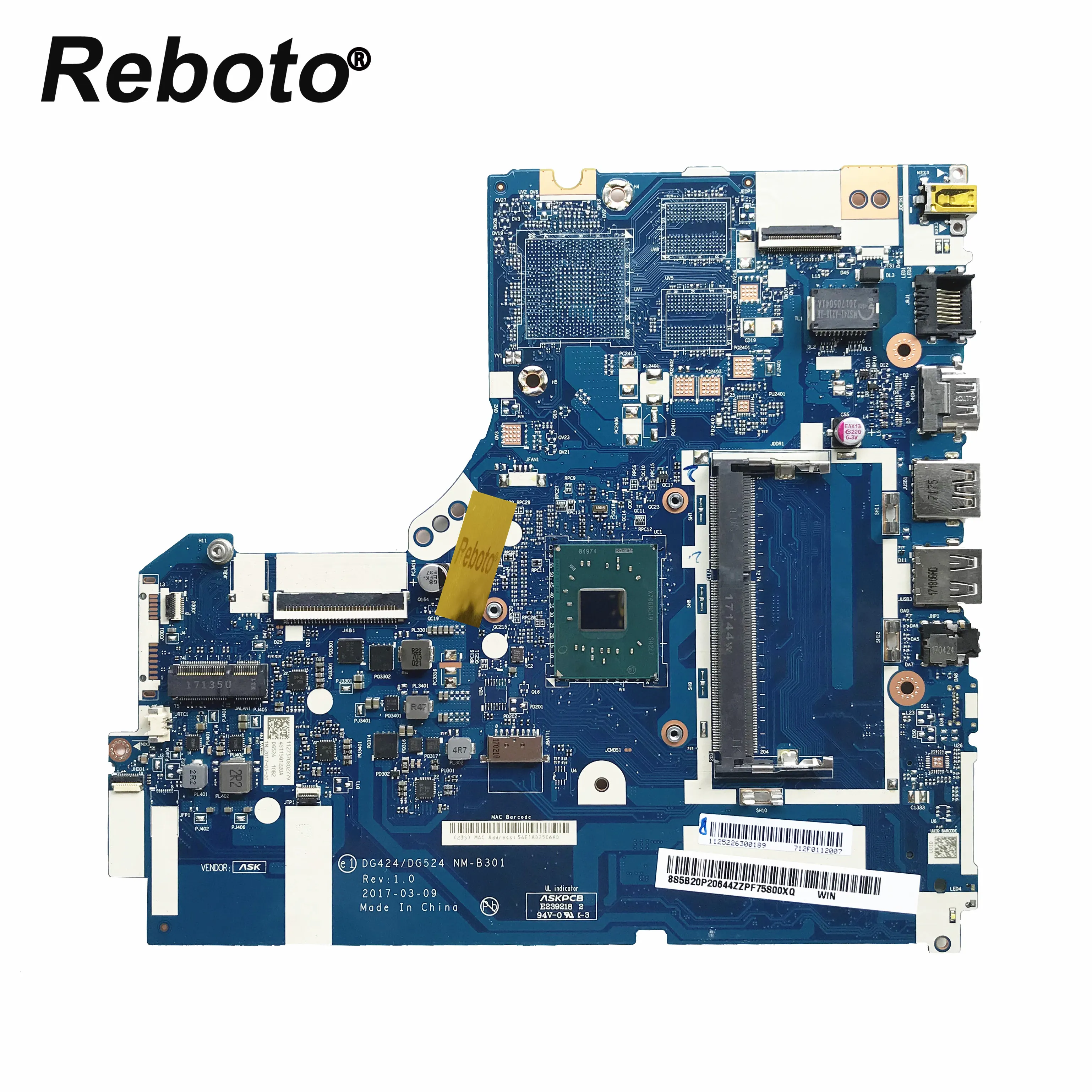 

Reboto For LENOVO IDEAPAD 320-15IAP Laptop Motherboard 5B20P20644 W/N3350U DG424/DG524 NM-B301 DDR3L MB 100% Tested Fast Ship