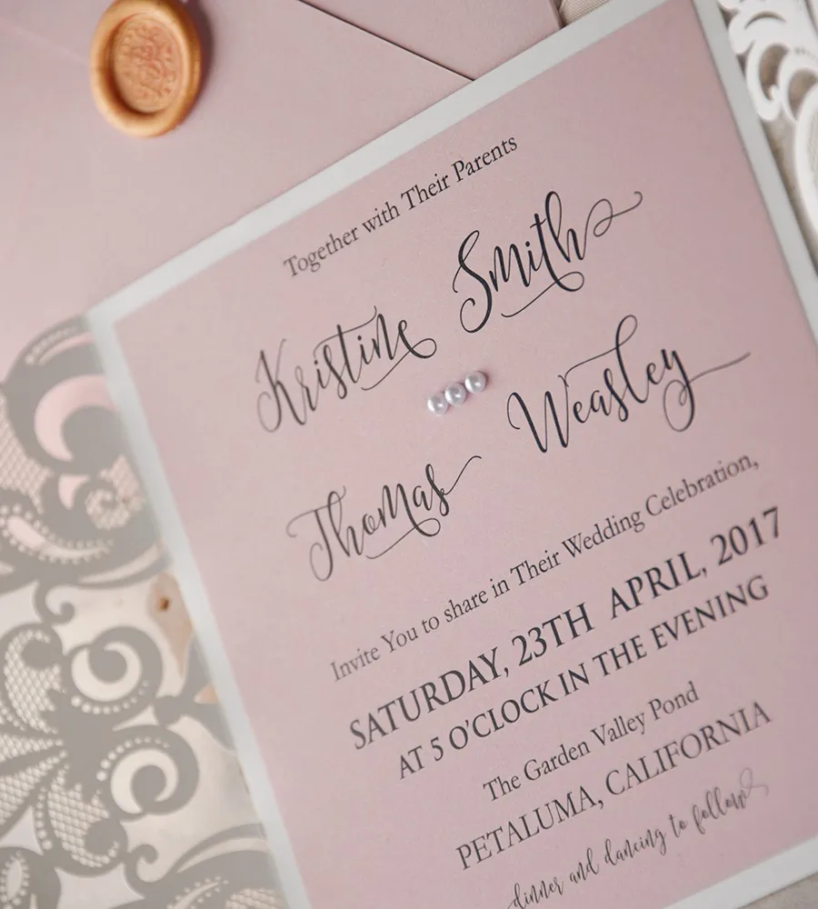 Pink wedding card invitaiton card lace wedding invite with ribbon bow, gatefold laser cut invitations card in 2016 (1)