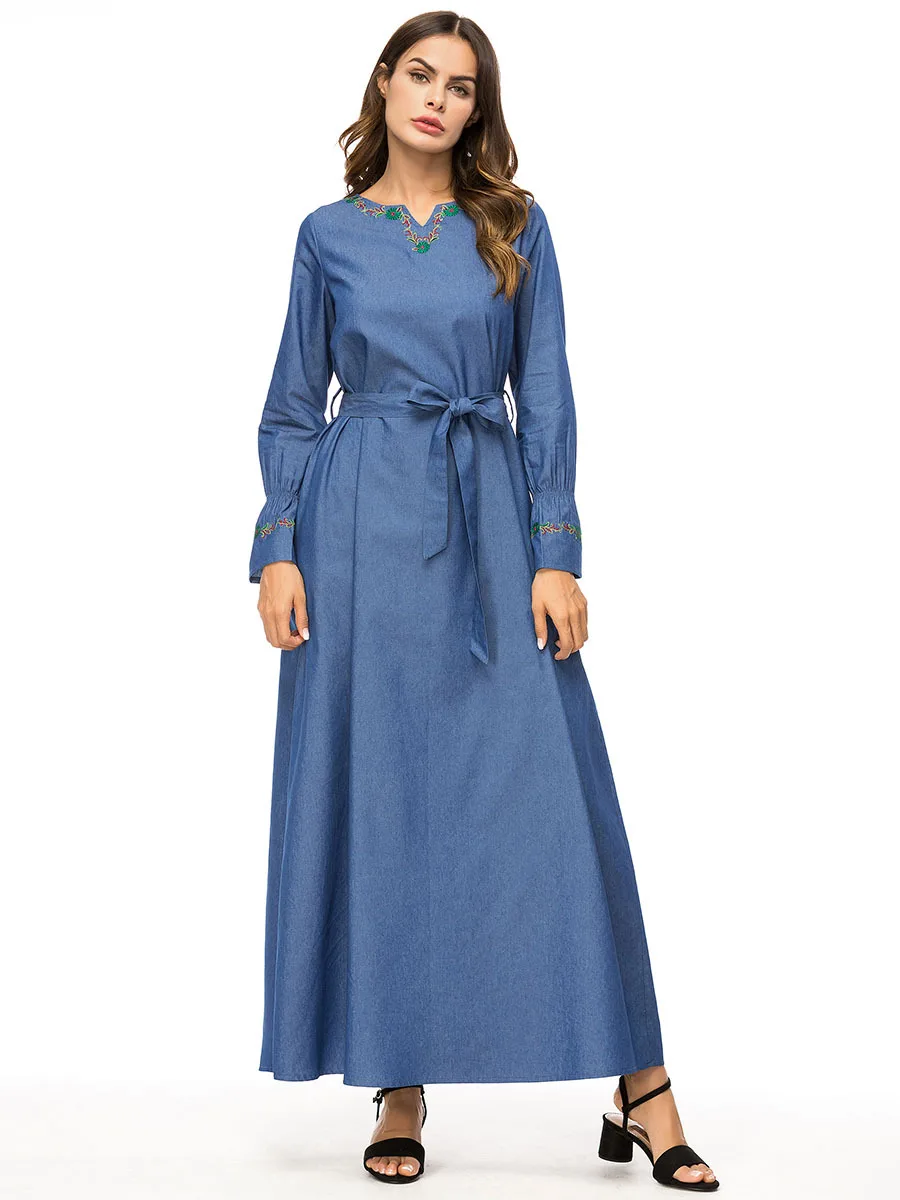 Women Denim Long Dress Plus Size 4XL Long Sleeve Embroidery Elegant