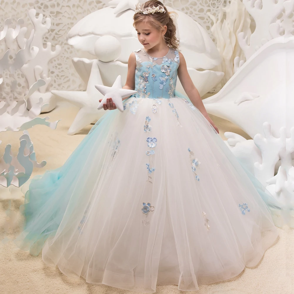 

New Arrivals Elegant Little Girls Sleeveless Ball Gowns V-back Embroidery Sky Blue Wedding Dresses Princess Birthday Gowns