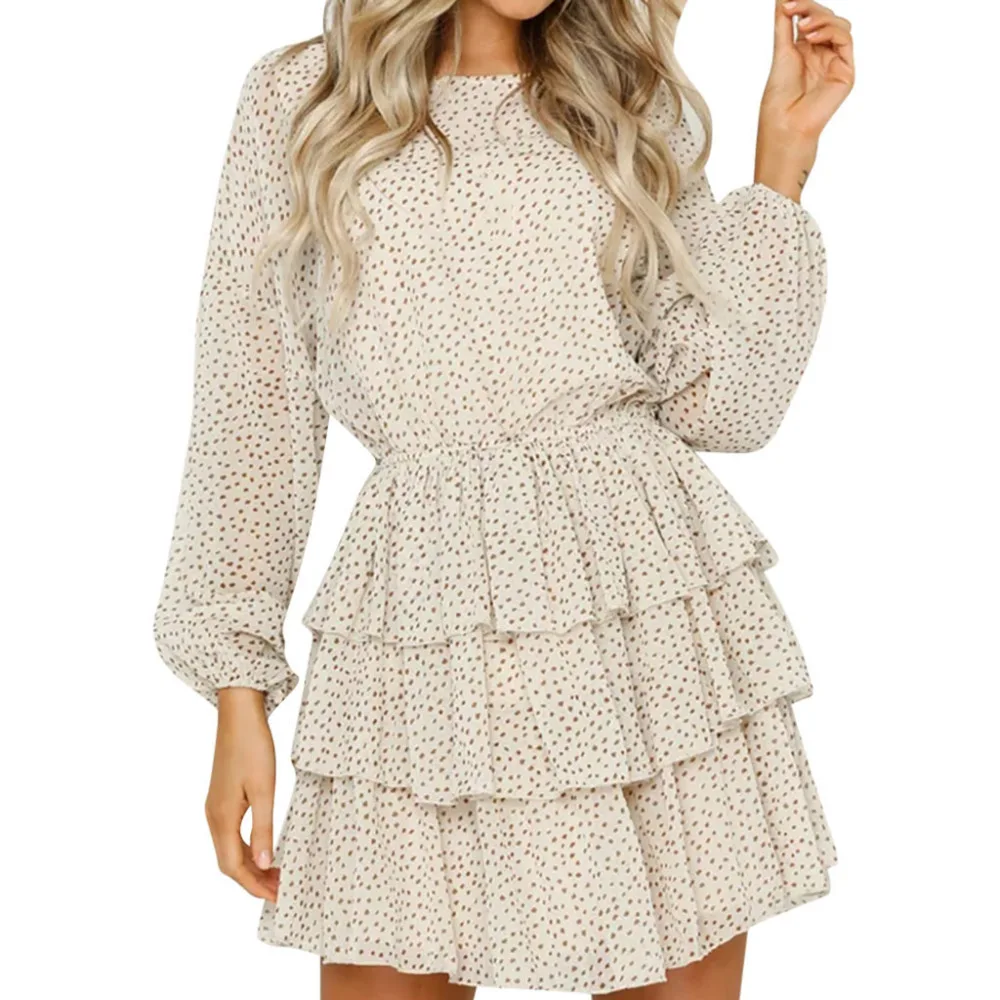 

O-Neck Dot Pleated Dress Women Summer 2019 Long sleeve Above Knee, Mini Summer Dress Women Beige Dress Women Vestidos 40MR27