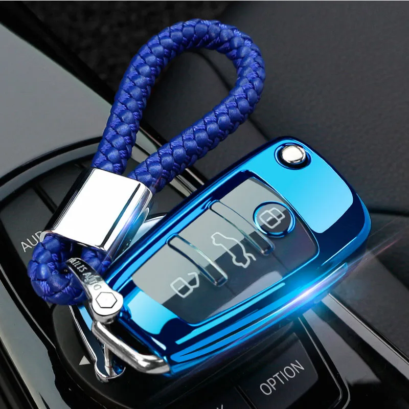 Автомобильный ключ чехол для audi a4 b6 a3 a6 c5 c6 b8 b7 q5 b5 q7 3 кнопки дистанционного Авто Складной флип ключ Мягкий ТПУ ключ чехол для ключа цепи - Название цвета: BLUE  KNIT CHAIN