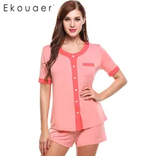 Ekouaer пижамы повседневные хлопковые пижамы набор размера плюс с коротким рукавом Пэчворк o-образным вырезом высокое качество пижамы женский ночной костюм