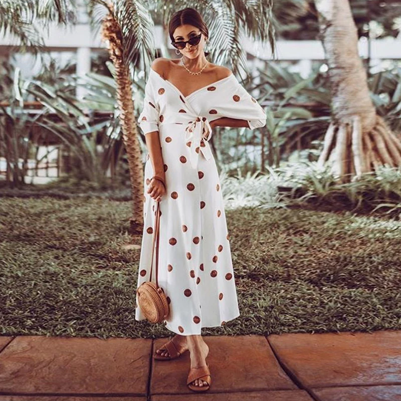 

Office Lady Fashion Summer Bohemian Beach Dress Polka Dot V Neck Maxi Women Dresses Middle Sleeve Vestidos Verano 2019