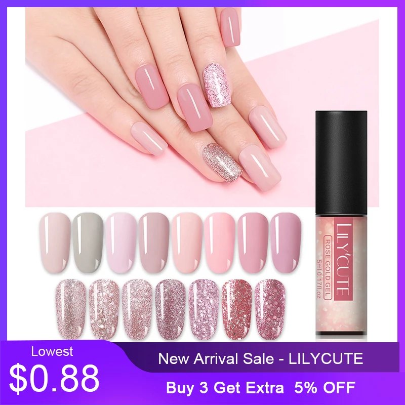 

LILYCUTE 5ml UV Gel Nail Polish Rose Gold Glitter Sequins Soak Off UV Gel Varnish Nude Color Nail Gel Polish DIY Nail Art Laquer