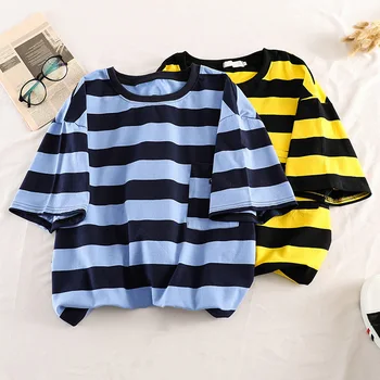 

Korean Style striped All Match t shirt summer casual Loose Oversize Basic tshirt harajuku ulzzang Short Sleeve Female T-shirts