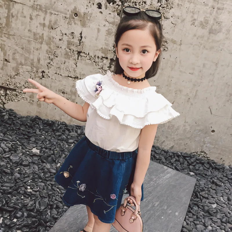 

Girls summer wear the new 2018 han edition falbala sleeveless shirt + cowboy short skirt two-piece XT201