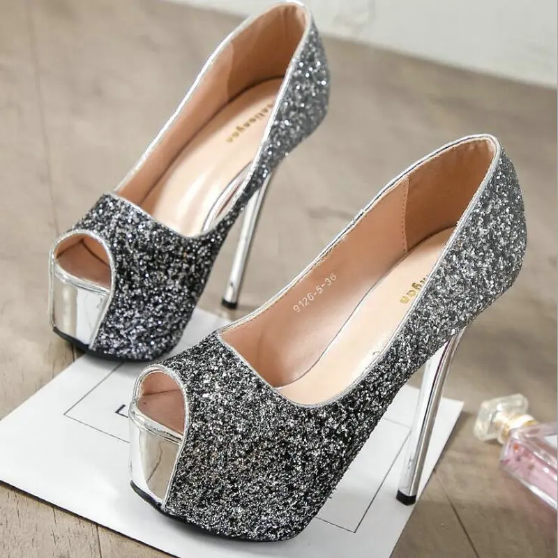 Woman Wedding Party Shoes 14cm Ladies Thin Heels Pumps Platform Sexy open Toe Bling Bling Gradation super High Heels Shoes VV-06
