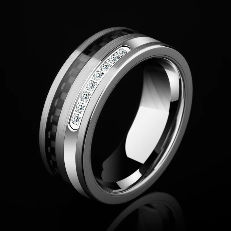 Специальный дизайн полированные мужские вольфрамовые кольца 8 мм ширина Инкрустация черное углеродное волокно и белые CZ камни Размер 7-11