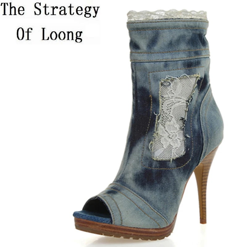 

Summer Women Thin High Heel Open The Toe Lace Side Zipper High Top Fashion Casual Denim Sandals Shoes Size 34-40 SXQ0709