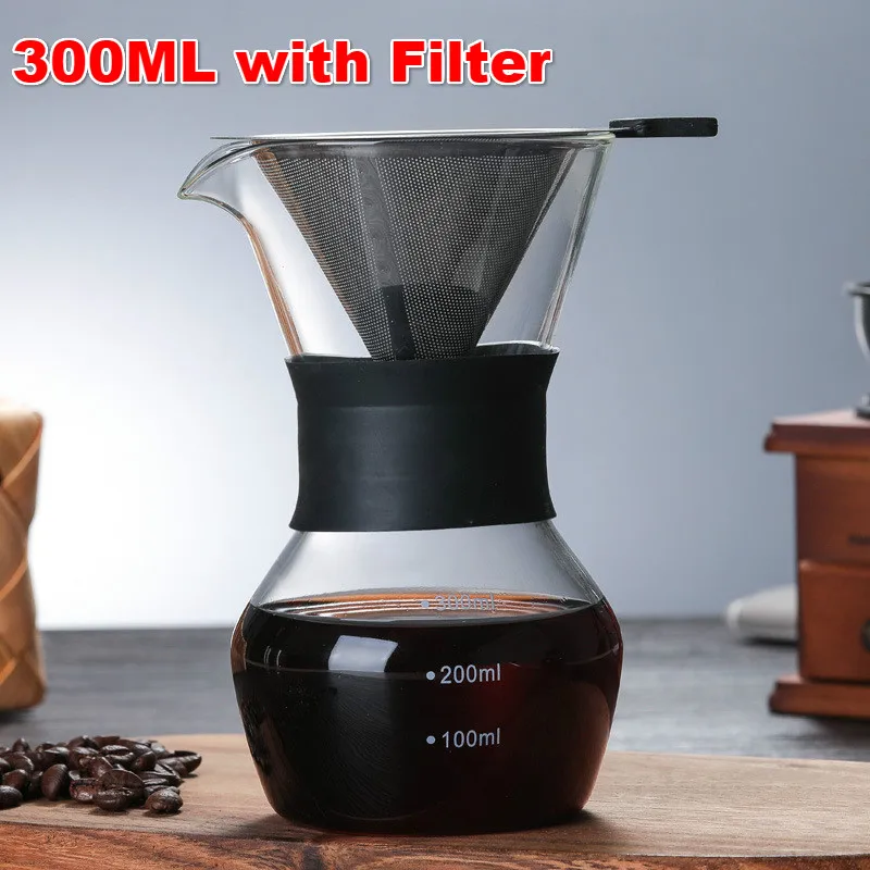 300/600 мл стеклянный чайник для кофе с фильтром из нержавеющей стали для капельного заваривания горячего пивоварения кофейник бариста для заваривания кофе - Цвет: 300ML with Filter