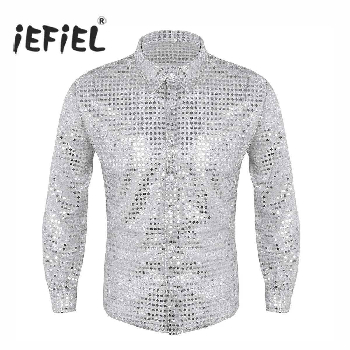 

iEFiEL Mens Fashion Holographic Costumes Clothing Shiny Sequins See Through Mesh Clubwear Evening Dance Performance Top Shirt