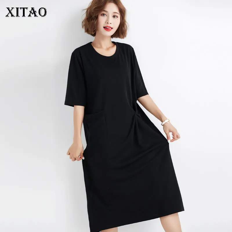 

[XITAO] 2019 Women Korea Fashion New O-neck Short Sleeve Loose Dress Female Solid Color Pocket Knee-length Casual Dress WBB3576