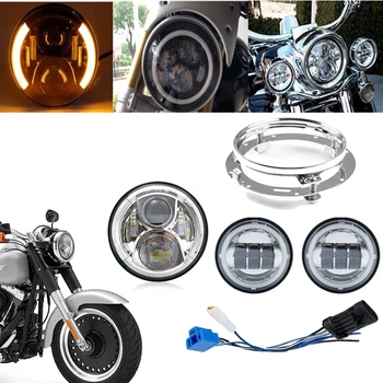 

DOT 7" Inch Black for Harley Moto LED Headlight+ 2 x 4 1/2" Fog Light Passing Lamps With Adapter Ring for Harley Motorcycle