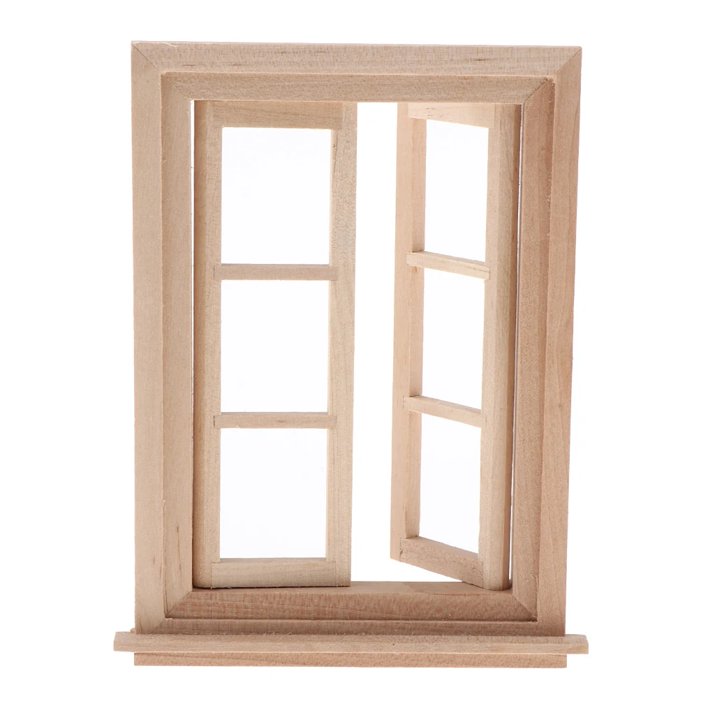 1:12 Масштаб Мини деревянное окно, двойная Рабочая 6 Панель Неокрашенная древесина, кукольный домик DIY аксессуар мебель, желтый светильник
