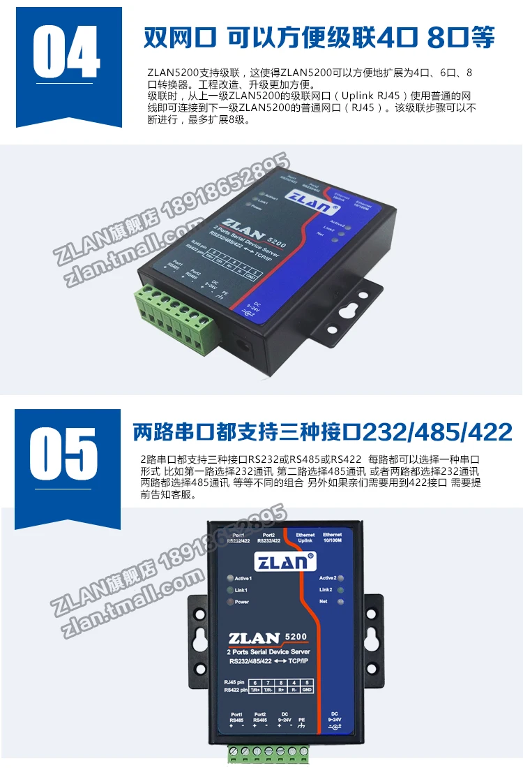 estrada 485 vez para Ethernet 2 porta Ethernet ZLAN5200