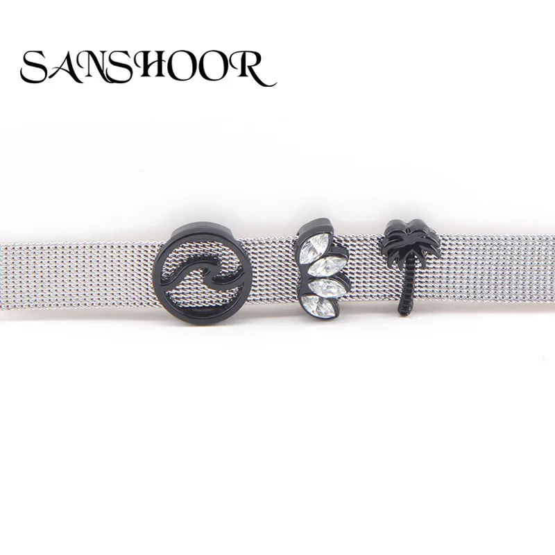 

SANSHOOR Black Crystal Lotus & Wave & Tree Slide Charms fit 10mm wide Stainless Steel Mesh Keeper Bracelets Accessories Making