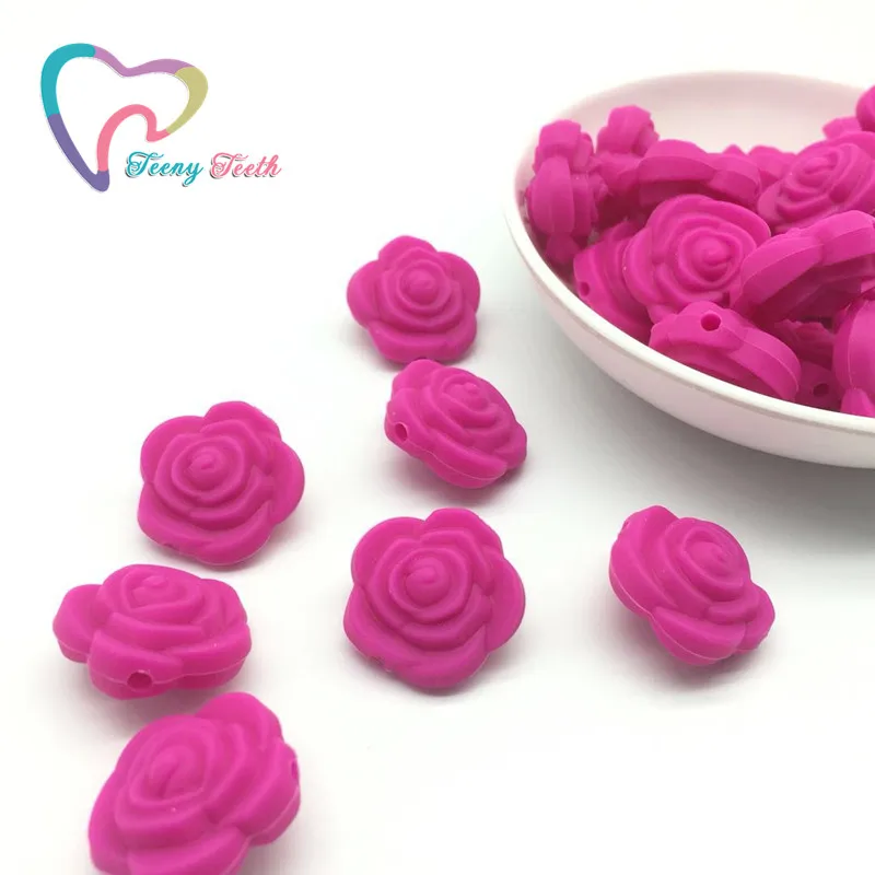 Маленькие зубы 10 шт. фуксия 3D Роза Силиконовые Детские Бусы пищевой класса с цветком розой, бусинами для жевания DIY ожерелье соска Подвески на цепочках