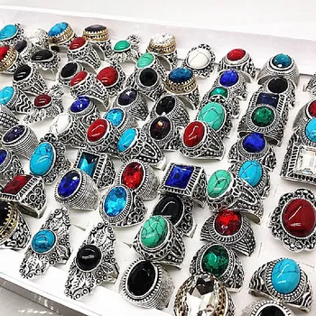 MIXMAX-anillos de plata tibetana con piedra natural para hombre y mujer, 20 unidades por lote, joyas de aleación vintage para hombre y mujer