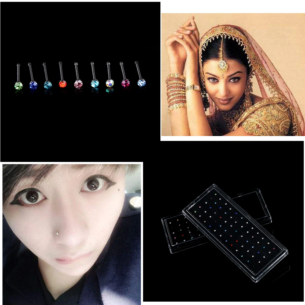 40-60PCS-Crystal-Rhinestone-Nose-Ring-Studs-Stainless-Steel-Colorful-Silver-Body-Piercing-Sexy-Jewelry