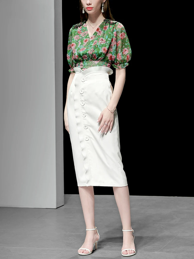 Элегантные модные женские комплекты с цветочным принтом, шифоновая блузка с коротким рукавом и оборками, топ с высокой талией, белые однобортные юбки Z1908