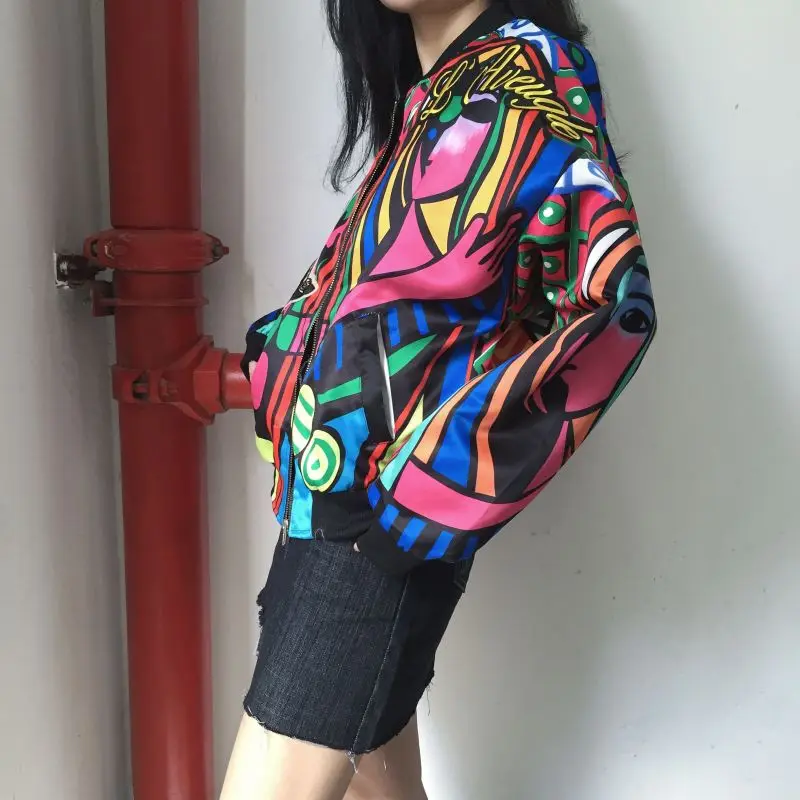 Fashion Print Embroidery Bomber Jacket Women Autumn Long Sleeve Baseball Jacket 2018 Brand Design Basic Coat Women's Jacket