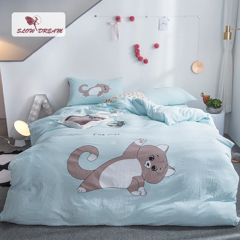 

SlowDream Bedding Set Bed Linen Cotton Bedspread Double Queen King Bedclothes Duvet Cover Set Blue Cartoon Cat Adult Flat Sheet