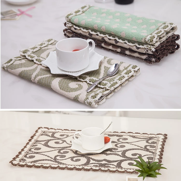 

High quality cotton linen fabric lace type eat mat table mat Creative Western food mat Rectangular non-slip cup mat disc pad