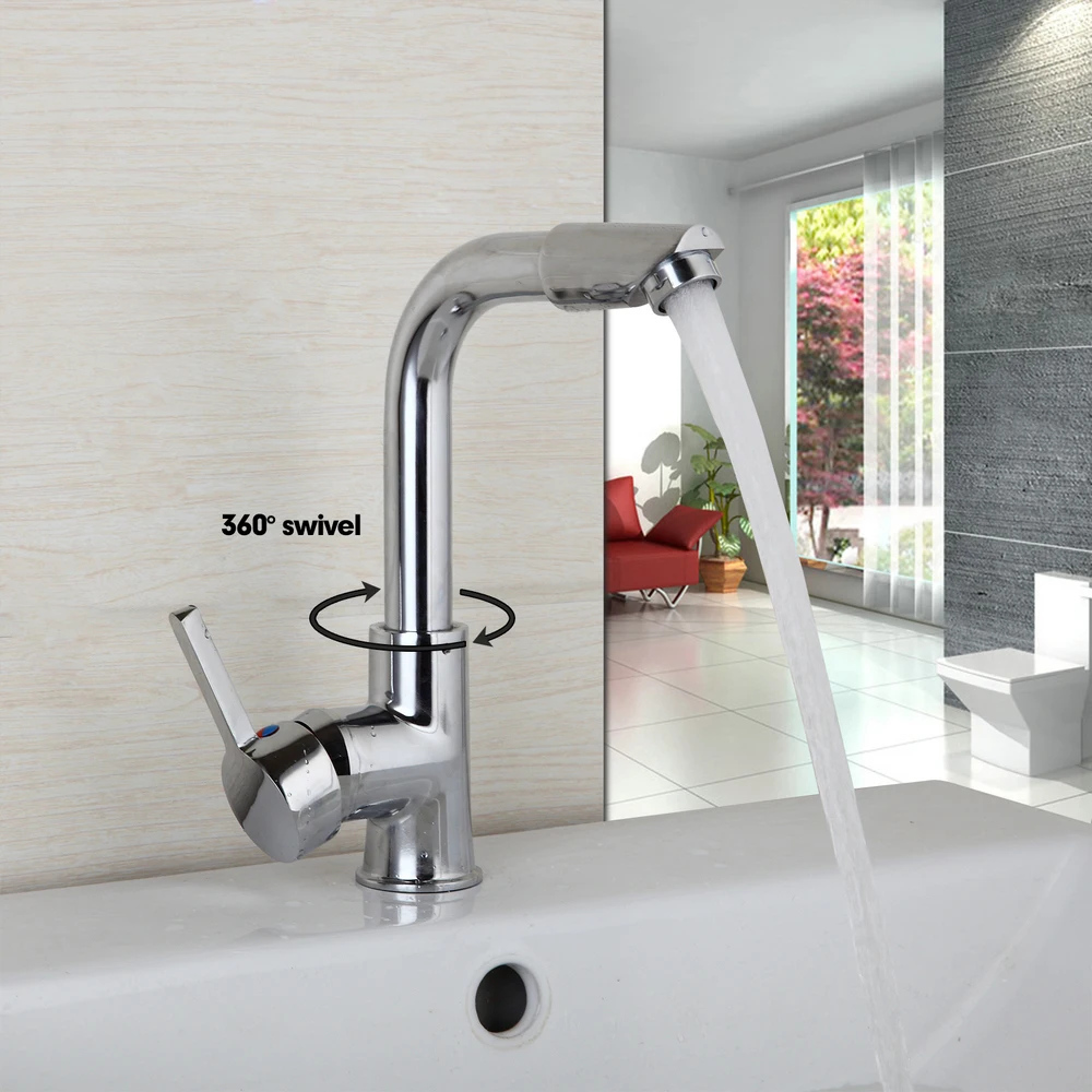 New Design 360 Swivel Spout Kitchen Sink Faucet Deck Mounted Taps Chrome Finish Hot Cold Water