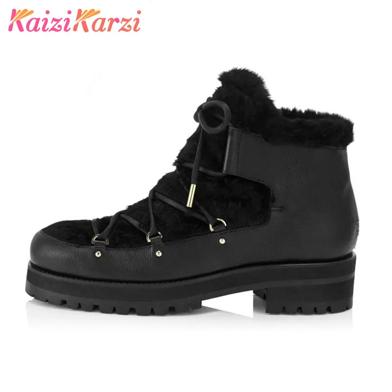 

KaiziKarzi Platform Genuine Leather Ankle Boots Square Heel Botas Ladies Lace Up Thickened Fur Casual Boot Size 33-41 N00077