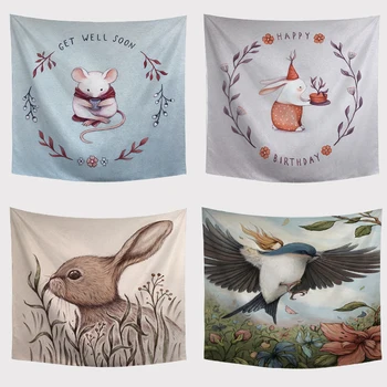 

Hot Sale Tapestry Animal Fox Rabbit Squirrel Mouse Duck Leaves Solid Color Background Outdoor Picnic Towel Pad Parlor Decor Pad