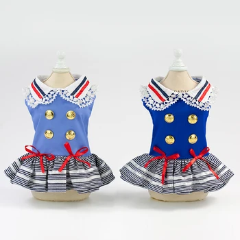 

Tangpan Pet Dog Navy Cosplay Stripe Lace Skirt Puppy Bow-Knot Costume Christmas Holiday Party Dress Camp Outdoor Apparel Clothes