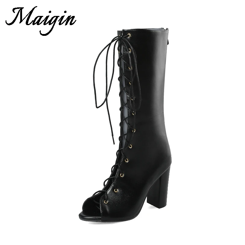 Maigin Summer Boots Women 2018 New Thick Heels Summer Sandals Peep Toe Lace Up Boots Black Breathabele Gladiator Sandals Women