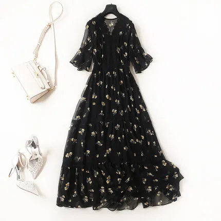 Мода плюс размер 5XL женское шифоновое платье Весна Лето Новые Вечерние платья с принтом дамские платья свободного покроя повседневные женские платья - Цвет: black