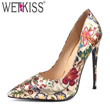 

WETKISS 2019 Spring New Print Women Pumps Pointed Toe Shoes Slip On Footwear Fashion Thin High Heels Party Shoes Ladies Black