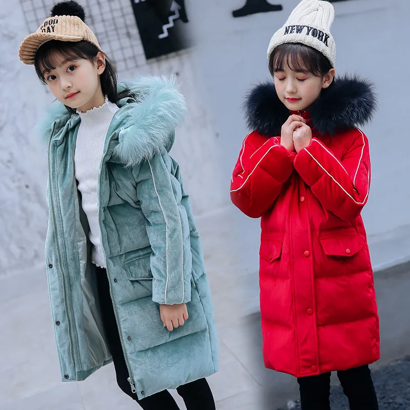 Пуховые куртки для девочек для русской зимы детская длинная куртка с меховым капюшоном для девочек детская утепленная теплая верхняя одежда, пальто