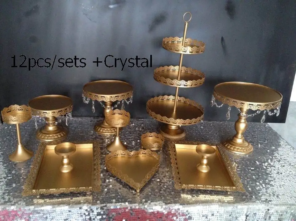 

DHL Set of 12 pieces gold cake stand wedding cupcake stand set crystal candy bar decoration cake tools bakeware set