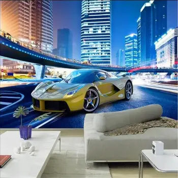 

Cool Yellow Sports Car City Night Landscape 3D Wall Mural Wallpaper Modern Personality Restaurant Clubs KTV Bar Interior Decor