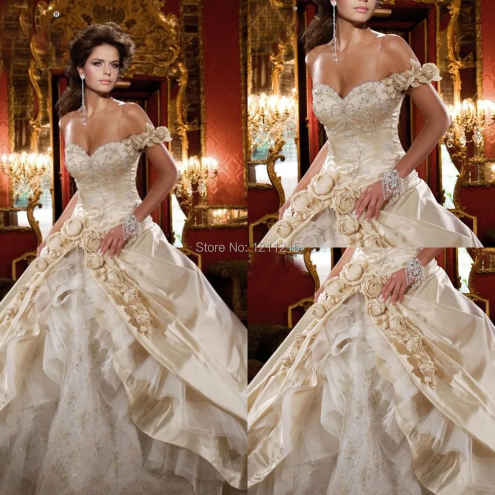 Luxury Vestido De Noiva 2016 Ball Gown Champagne Satin Beads Handmade Flowers Custom Made 