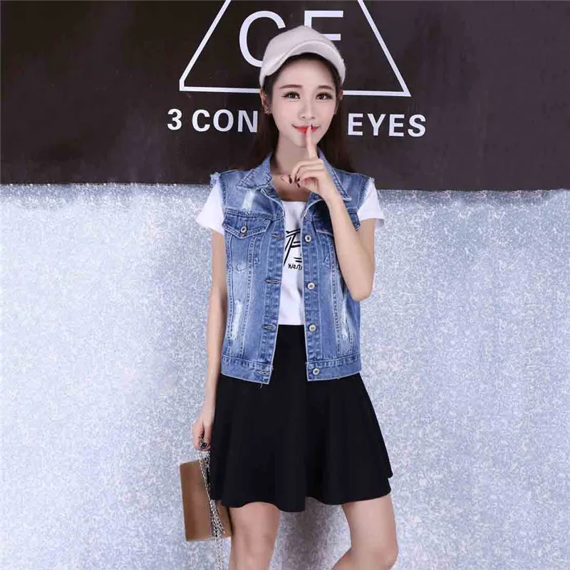 

2019 spring women vest autumn new fashion denim female sleeveless jacket Slim retro casual hole Single-breasted denim tops vest