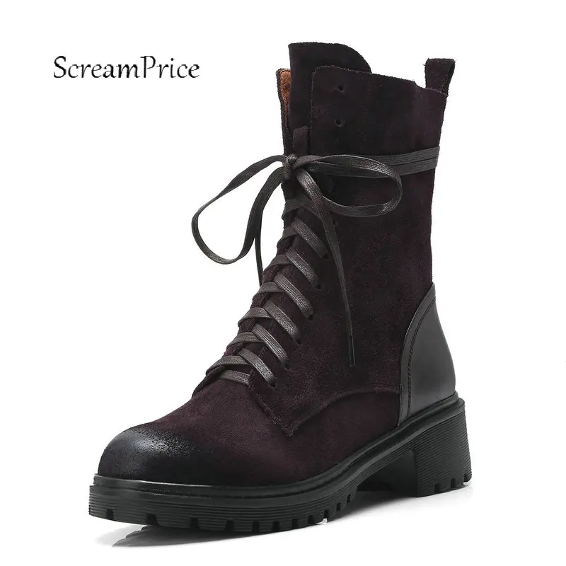 

Women Suede Comfort Square Heel Lace Up Martin Boots Fashion Side Zipper Boots Female Round Toe Fall Winter Shoes Black Brown
