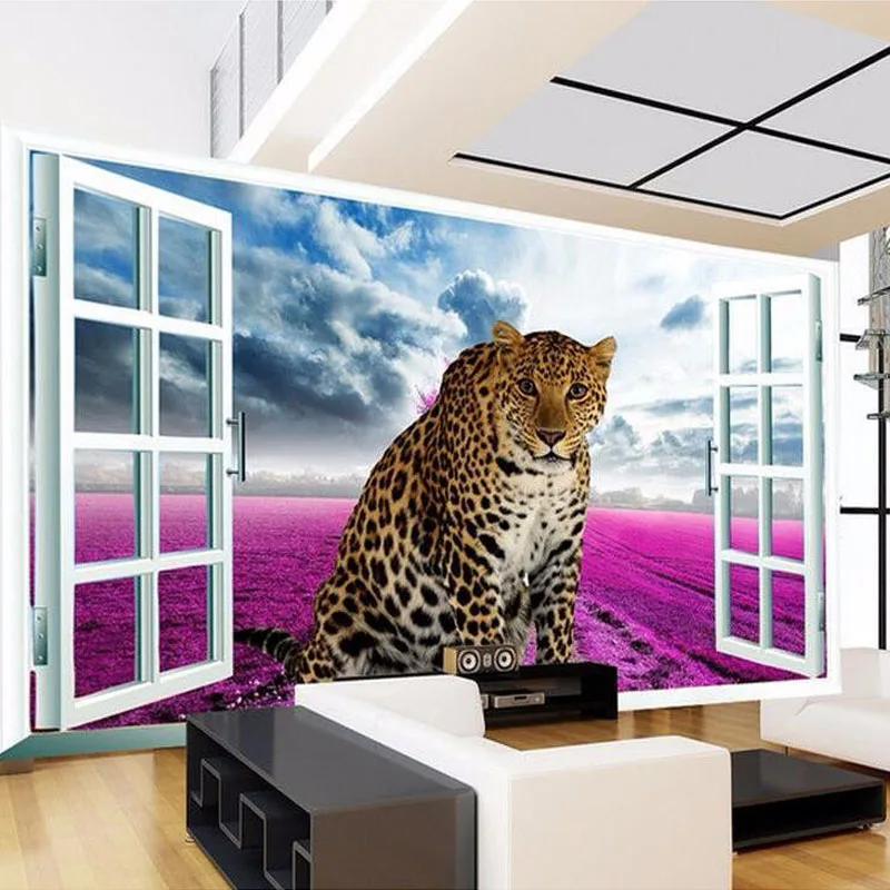 

Custom Photo Wallpaper 3D Lifelike Animal Leopard Purple Flowers Wall Mural Window View Wall Paper Bedding Room TV Background
