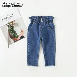 Новинка 2018 года, штаны для девочек, модные джинсы с высокой посадкой для маленьких детей, осень-весна, облегающие однотонные джинсы, Детские